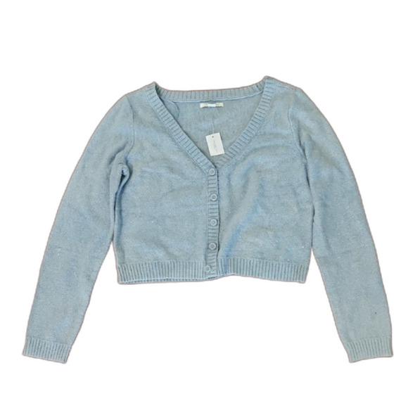NWT American Eagle Cropped V-Neck Cotton Blend Speckled Cardigan, Pale Blue, M - Picture 1 of 7